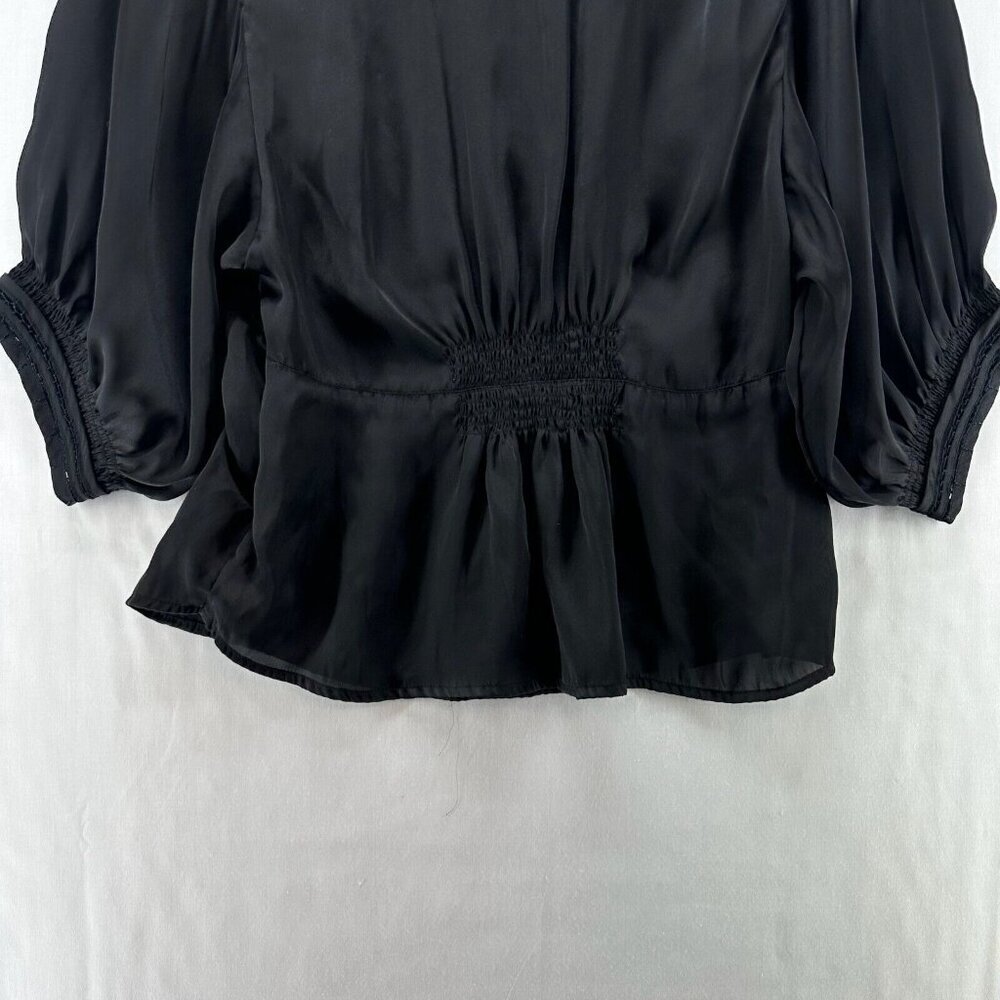 Renee C. Top Womens Size M Smocked Popover Blouse Lace Trim Balloon Sleeve Black - Picture 6 of 11